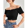 imageMakeMeChic Womens Off The Shoulder Top Lettuce Trim Short Sleeve Fitted T ShirtBlack Solid