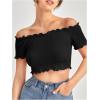 imageMakeMeChic Womens Off The Shoulder Top Lettuce Trim Short Sleeve Fitted T ShirtBlack Solid