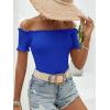 imageMakeMeChic Womens Off The Shoulder Top Lettuce Trim Short Sleeve Fitted T ShirtRoyal Blue