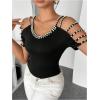 imageMakeMeChic Womens Pearls Cold Shoulder Tee Top Crew Neck Cut Out Fitted T Shirt TopsBlack