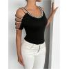 imageMakeMeChic Womens Pearls Cold Shoulder Tee Top Crew Neck Cut Out Fitted T Shirt TopsBlack