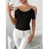 imageMakeMeChic Womens Pearls Cold Shoulder Tee Top Crew Neck Cut Out Fitted T Shirt TopsBlack