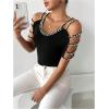 imageMakeMeChic Womens Pearls Cold Shoulder Tee Top Crew Neck Cut Out Fitted T Shirt TopsBlack