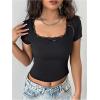 imageMakeMeChic Womens Square Neck Lace Trim Tee Shirt Short Sleeve Rib Knitted Bow Knot Crop TopBlack