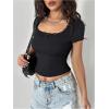 imageMakeMeChic Womens Square Neck Lace Trim Tee Shirt Short Sleeve Rib Knitted Bow Knot Crop TopBlack