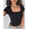 imageMakeMeChic Womens Square Neck Lace Trim Tee Shirt Short Sleeve Rib Knitted Bow Knot Crop TopBlack