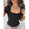 imageMakeMeChic Womens Square Neck Lace Trim Tee Shirt Short Sleeve Rib Knitted Bow Knot Crop TopBlack