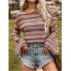 imageMakeMeChic Womens Striped Bell Sleeve Tops Crew Neck Shirts Fall Cowboy Chic Concert OutfitsMulticolor