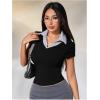 imageMakeMeChic Womens Striped Colorblock Polo Collar TShirts V Neck Ribbed Short Sleeve School ShirtBlack