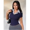 imageMakeMeChic Womens Striped Colorblock Polo Collar TShirts V Neck Ribbed Short Sleeve School ShirtRoyal Blue