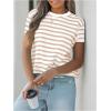 imageMakeMeChic Womens Striped Tee Crew Neck Contrast Binding Short Sleeve Going Out T Shirt TopsBeige and White