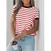 imageMakeMeChic Womens Striped Tee Crew Neck Contrast Binding Short Sleeve Going Out T Shirt TopsRed and White