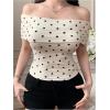 imageMakeMeChic Womens Summer Crop Tops Polka Dots Off The Shoulder Tee Shirt Short Sleeve Ruched ShirtsApricot