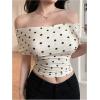 imageMakeMeChic Womens Summer Crop Tops Polka Dots Off The Shoulder Tee Shirt Short Sleeve Ruched ShirtsApricot