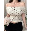 imageMakeMeChic Womens Summer Crop Tops Polka Dots Off The Shoulder Tee Shirt Short Sleeve Ruched ShirtsApricot
