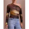 imageMakeMeChic Womens Tie Dye Asymmetrical Neck Long Sleeve Ruched Tee Shirt Crop TopsBrown