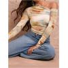 imageMakeMeChic Womens Tie Dye Asymmetrical Neck Long Sleeve Ruched Tee Shirt Crop TopsMulticolor