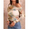 imageMakeMeChic Womens Tie Dye Asymmetrical Neck Long Sleeve Ruched Tee Shirt Crop TopsMulticolor