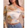 imageMakeMeChic Womens Tie Dye Asymmetrical Neck Long Sleeve Ruched Tee Shirt Crop TopsMulticolor