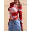 imageMakeMeChic Womens Tie Dye Asymmetrical Neck Long Sleeve Ruched Tee Shirt Crop TopsRed