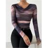 imageMakeMeChic Womens Tie Dye Draped Cowl Neck Tee Shirts Long Sleeve Ruched Slim Fit Tee TopsBrown