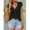 imageMakeMeChic Womens Waffle Knit Tops Summer Cap Sleeve V Neck Button Pocket Casual Tee ShirtBlack
