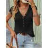 imageMakeMeChic Womens Waffle Knit Tops Summer Cap Sleeve V Neck Button Pocket Casual Tee ShirtBlack