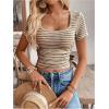 imageMakeMeChic Womens Work Stripe Knit Crop Top Square Neck Tops Short Sleeve TShirtCoffee Brown