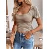 imageMakeMeChic Womens Work Stripe Knit Crop Top Square Neck Tops Short Sleeve TShirtCoffee Brown