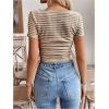 imageMakeMeChic Womens Work Stripe Knit Crop Top Square Neck Tops Short Sleeve TShirtCoffee Brown