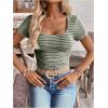 imageMakeMeChic Womens Work Stripe Knit Crop Top Square Neck Tops Short Sleeve TShirtGreen
