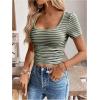 imageMakeMeChic Womens Work Stripe Knit Crop Top Square Neck Tops Short Sleeve TShirtGreen