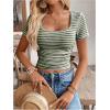 imageMakeMeChic Womens Work Stripe Knit Crop Top Square Neck Tops Short Sleeve TShirtGreen