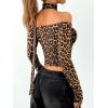 imageMakeMeChic Womens Y2K Off The Shoulder Tops Leopard Print Long Sleeve Tee Shirt Crop TopsBrown