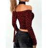 imageMakeMeChic Womens Y2K Off The Shoulder Tops Leopard Print Long Sleeve Tee Shirt Crop TopsRed