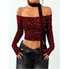 imageMakeMeChic Womens Y2K Off The Shoulder Tops Leopard Print Long Sleeve Tee Shirt Crop TopsRed