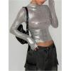 imageMakeMeChic Womens Y2K Tops Country Concert Metallic Tee Shirts Long Sleeve Party Going Out Crop TopsSilver