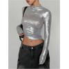 imageMakeMeChic Womens Y2K Tops Country Concert Metallic Tee Shirts Long Sleeve Party Going Out Crop TopsSilver