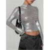 imageMakeMeChic Womens Y2K Tops Country Concert Metallic Tee Shirts Long Sleeve Party Going Out Crop TopsSilver