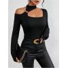 imageMakeMeChic Womens Y2K Tops Cut Out Asymmetrical Neck Tee Shirts Long Sleeve Ring Linked Shirt TopsBlack