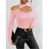 imageMakeMeChic Womens Y2K Tops Cut Out Asymmetrical Neck Tee Shirts Long Sleeve Ring Linked Shirt TopsPink