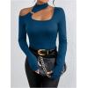 imageMakeMeChic Womens Y2K Tops Cut Out Asymmetrical Neck Tee Shirts Long Sleeve Ring Linked Shirt TopsTeal Blue