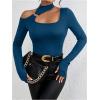 imageMakeMeChic Womens Y2K Tops Cut Out Asymmetrical Neck Tee Shirts Long Sleeve Ring Linked Shirt TopsTeal Blue