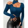 imageMakeMeChic Womens Y2K Tops Cut Out Asymmetrical Neck Tee Shirts Long Sleeve Ring Linked Shirt TopsTeal Blue