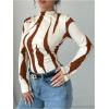 imageMakeMeChic Womens Zebra Striped Print Mock Neck Long Sleeve Slim Fit Tee Shirt TopsBrown and Beige