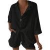 imageMakeMeChic Womens 2 Piece Summer Outfits Linen Half Sleeve Collared Shirt and Wide Leg Shorts Beach SetsBlack