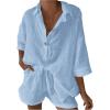 imageMakeMeChic Womens 2 Piece Summer Outfits Linen Half Sleeve Collared Shirt and Wide Leg Shorts Beach SetsBlue
