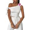 imageMakeMeChic Womens 3D Flower Asymmetrical Neck Crop Tops Ruched Knot Sleeveless Fitted T ShirtWhite