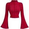 imageMakeMeChic Womens Bell Sleeve Crop Top Mock Neck Knit Lettuce Trim Rib Tee Shirt TopsBurgundy