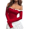 imageMakeMeChic Womens Bow Off The Shoulder Long Sleeve T Shirt Top Ruffle Fitted Crop TopsRed